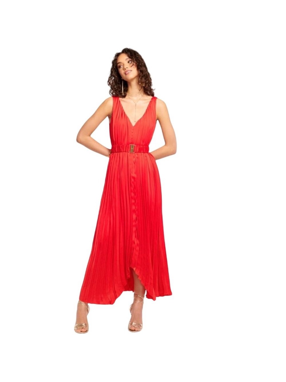 Ramy Brook Red Pleated V-Neck Midi Dress with Belt